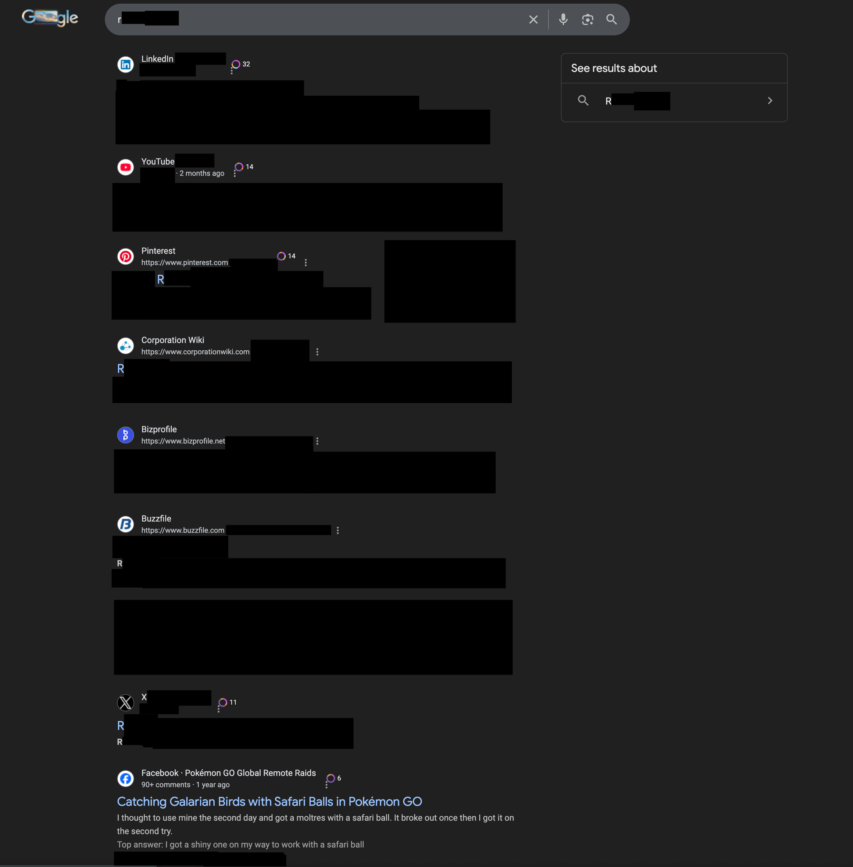 Google search results showing exposed personal information before DisappearMe.ai removed the client data